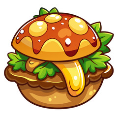 Cartoon Mushroom Burger Illustration with Salad Toppings