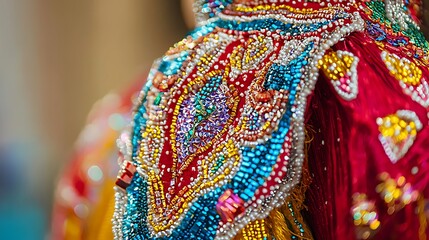 Obraz premium Colorful Beaded Embroidery on Traditional Textile Garment Detail