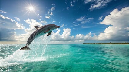 Fototapeta premium Majestic Dolphin Leaping in Crystal-Clear Turquoise Waters