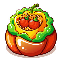 Stuffed Pepper Cartoon Illustration with Tomato Filling