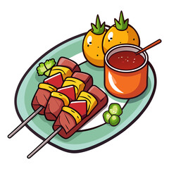 Delicious Cartoon Skewers with Sauce and Funny Fruits