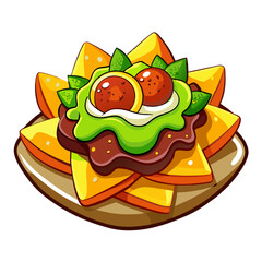 Delicious cartoon nachos with guacamole and meatball topping