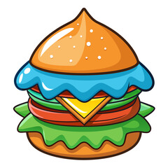 Colorful Cartoon Burger with Cheese, Tomato, and Lettuce