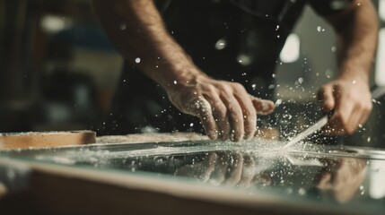Glassworker cutting and shaping a custom window panel. Featuring craftsmanship and precision