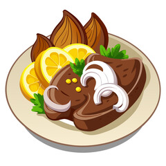 Delicious steak with onions, lemon and sauteed mushrooms