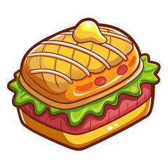 Cartoon isometric sandwich with lettuce and tomatoes illustration