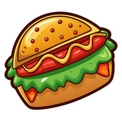 Cartoon Burger with Lettuce, Tomato, and Mustard Illustration