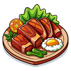 Cartoon Plate of Meat, Orange, and Egg Illustration