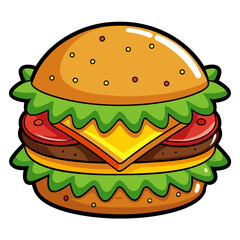 Cartoon Burger Illustration with Cheese, Tomato, and Lettuce