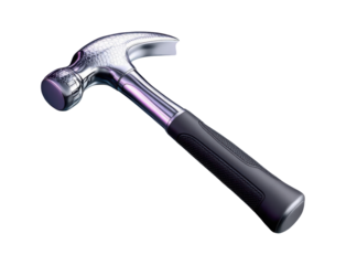 Professional Steel Claw Hammer with Ergonomic Black Rubber Handle, Chrome Metallic Head and Anti-Slip Grip Design Isolated on Transparent and White Background