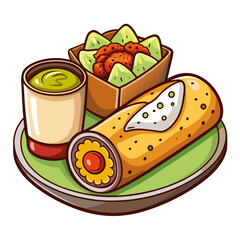 Chimichanga, Guacamole and Spicy Salad Food Cartoon Illustration