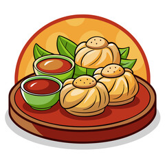 Cartoon dumplings with dipping sauces on a plate