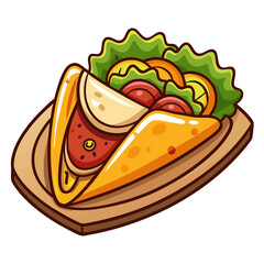 Cartoon Taco on Wooden Plate with Vegetables and Sauce