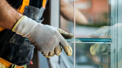 Glazier fitting custom glass panels into a storefront window frame. Featuring precision and architectural design