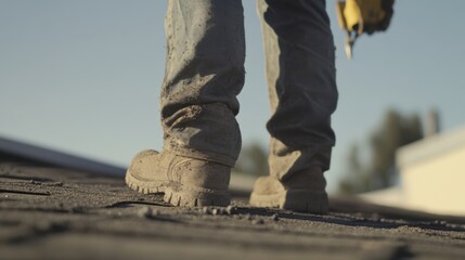 Roofer checking roof condition at a construction site. Featuring focus and attention to detail