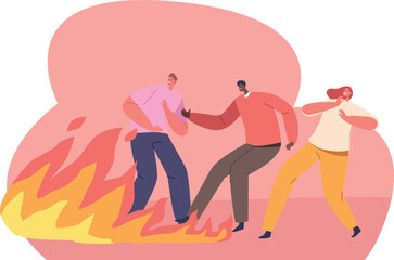Terrified people escaping fire spreading