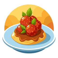 Cartoon pancake with strawberries and chocolate syrup icon