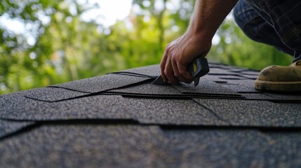 Roofer checking shingles on a roof at a construction site. Featuring care and expertise