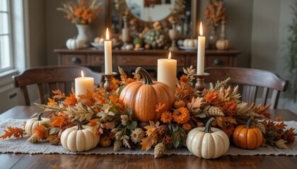 Beautiful Fall Table Centerpiece Decorated With Pumpkins, Flowers, and Candles for Autumn Festivities