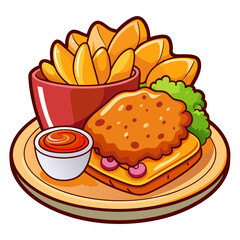 Cartoon Fried Food Platter with Wedges and Sauce