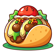 Cartoon Taco with Meatballs, Lettuce, Tomato Illustration