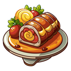 Cartoon meat roll with vegetables on plate illustration