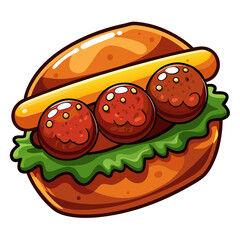 Cartoon Meatball Sub Sandwich with Lettuce Vector Illustration