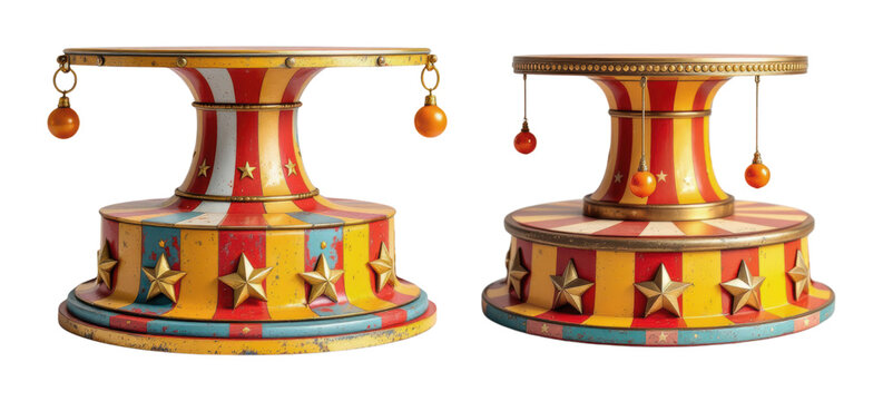 Vintage Circus Carnival Carousel Platform Base with Stars and Hanging Ornaments Decoration Amusement Park Ride Pedestal Isolated on Transparent and White Background