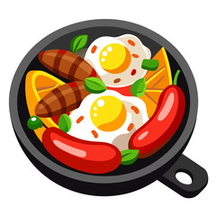 Fried Eggs and Sausage Breakfast in a Pan Illustration