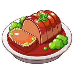 Cartoon pate on plate with vegetables and basil