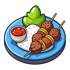 Cartoon Satay Skewers with Rice and Chili Sauce