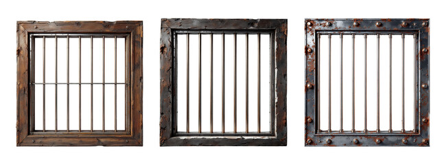 Vintage Rustic Metal Prison Window with Vertical Security Bars and Weathered Frame Set Collection Prison Cell Grating Isolated on Transparent and White Background