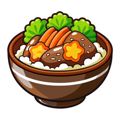Cute cartoon gyudon bowl with beef, rice and vegetables