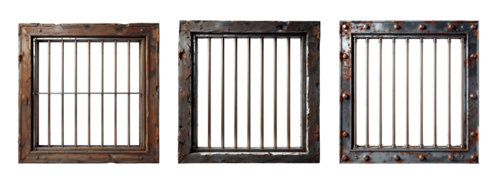 Vintage Rustic Metal Prison Window with Vertical Security Bars and Weathered Frame Set Collection Prison Cell Grating Isolated on Transparent and White Background