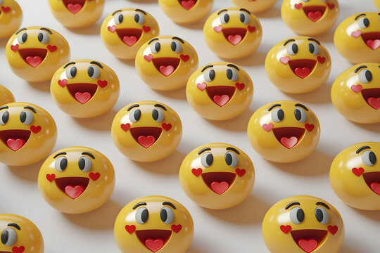 Set of 3D heart eyes emojis with various facial expressions, including love, heartbreak, kiss, wink, and excitement, realistic emoticon collection, glossy yellow faces with red hearts, high-resolution - Powered by Adobe
