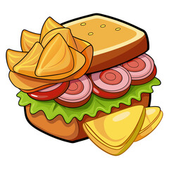Cartoon sandwich with chips, lettuce, tomato, onion