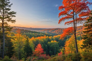 Fototapeta premium Stunning Morning in the Timberlands with Lush Tree Cover and Vibrant Colors Under Clear Blue Skies