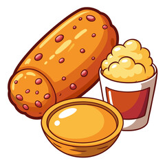 Cartoon illustration: Potato with dips in bowls, cup