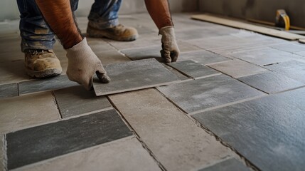 Hispanic mason installing stone tiles on a floor. Featuring masonry and flooring