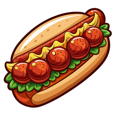 Meatball Sub Sandwich Cartoon Illustration with Mustard