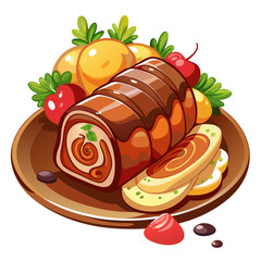 Cartoon Festive Meatloaf Dish with Potatoes and Fruits