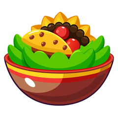 Colorful cartoon salad bowl with cheese, tomatoes, beans