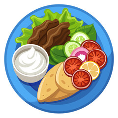 Delicious gyro platter with meat, sauce and salad