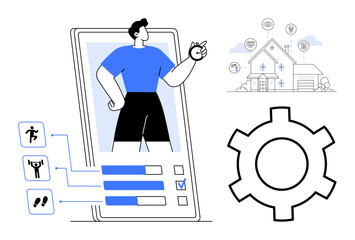 Person emerging from a smartphone with fitness tracking interface, activities, and analytics. Gear icon and digital smart home with connectivity symbols. Ideal for technology, fitness, home