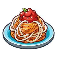 Cartoon spaghetti illustration with tomato sauce on plate