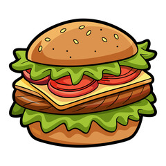 Delicious cartoon burger illustration with fresh ingredients and bun