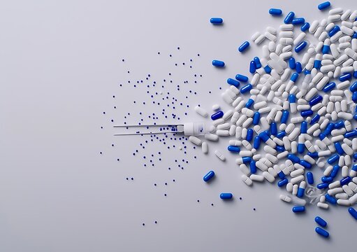 Colorful Capsules and Syringe on Table with White Background