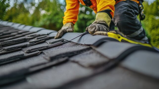 Roofer cleaning debris from a commercial roof. Featuring efficiency and upkeep