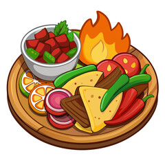 Cartoon Hot Food on a Wooden Plate Illustration