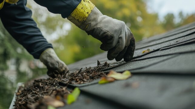 Roofer cleaning debris from a residential roof. Featuring care and attention to detail